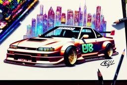 a true-to-life 1998 nissan silvia k's rocket bunny, centered, intricate, extreme detailed, photorealism, center view, city background, pivot on nissan, pen and color marker, painting by cheryl kelley