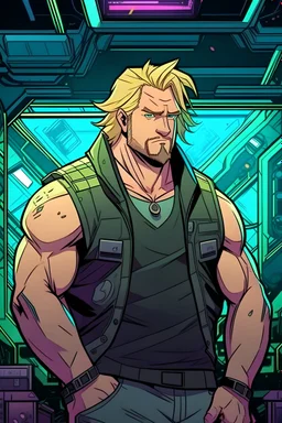 man, 40 years old, fat, blond hair, in anime style with cyberpunk vibes, chemise, comic book,