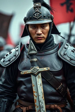 cuma bisa begini, agak raw photography of We are Korea Kostumsoldier with visible scars, wearing battle-damaged leather armor. He held a greatsword, with a mouth in a battlefild as background.