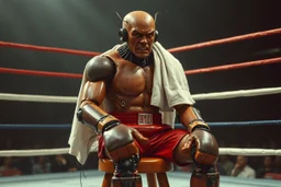 exhausted sweating and damaged retro futuristic mecha animatronic boxer sits in the corner of a boxing ring on a stool with a towel draped over his shoulders, black eye, dents and sparking loose wires, wearing red boxing shorts, dramatic, intricate detail, grainy movie still reminiscent of Raging Bull