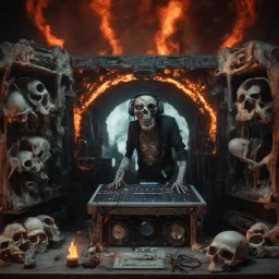 DJ of the damnded, insanely detailed DJ booth in hell, MID set, speakers and equipment made of bone, anatomically correct, add more skulls in th audience, photorealism, vray, 8k 3d