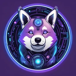 Simple draw of a circular logo of a Shiba Inu cartoon cybernetic puppy, purple colored fur, a blue LED on its forehead and electronic circuits around it.