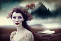 Single image: A Very Beautiful pretty dreamy Lady in eerie beautiful landscape art by Anka Zhuravleva, Sandy Welch, Jane Small, Aliza Razell, Eduard Veith, Joel Robison, Mikhail Vrubel, Ferdinand Hodler, Christoffer Relander, William Timlin, Charles Rennie Mackintosh, John Lowrie Morrison, Sidney Nolan. 3/4 Headshot, Volumetric lighting, 3d, mixed media, Best quality, crisp quality