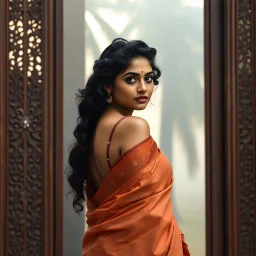 A divine South Asian woman stands in quiet grace, draped in a designer saree of earthy clay tones, evoking the warmth of Bengal soil. Her modern blouse features a deep back cut and minimalist straps, blending tradition with contemporary elegance. Her teary eyes shimmer with emotion, her serene face framed by soft curls and a subtle bindi. Behind her, a carved wooden door with intricate floral and geometric patterns glows in the misty golden light of Diwali. A tall palm tree looms through the fog