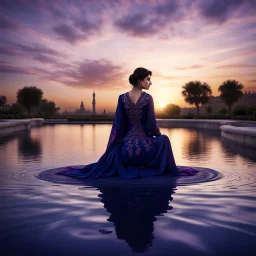 Hyper Realistic Photographic Close-Up-Silhouette View Of A Beautiful Young Pashto Woman wearing navy-blue-embroidered-dress-with-purple-shawl happily-sitting on the surface of a fancy-water-fountain & a swan swimming on the surface of water at cloudy sunset showing dramatic & cinematic ambiance.