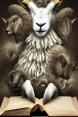 one black sheep reads a book on other site white sheep herd sleep