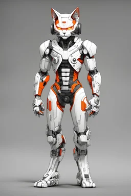 a technical drawing 3D of a cybernetic manga cat man, red, white, black and Orange color, full body