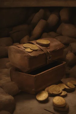 in the BASEMENT there is an old, broken brown oblong leather chest with short handles, from which gold coins from the time of Catherine the Great fall out. The ancient coat of arms of tsarist Russia, the double-headed eagle, is BARELY VISIBLE on the bag. There are a lot of broken bricks and earth around the bag. All in high quality 8K