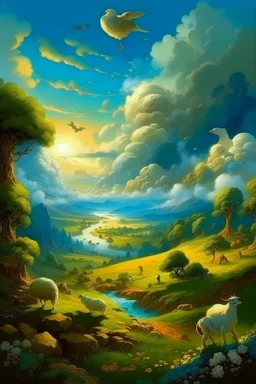 The creation of the world by God. In front of us is a valley with a beautiful landscape, where beautiful animals roam, beautiful birds fly in the sky, beautiful clouds and God in the clouds