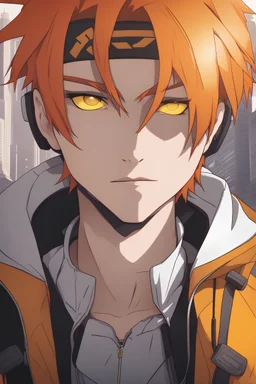 Young man with vivid orange hair, punk haircut, vivid yellow eyes, smug, orange and brown futuristic clothes, wearing an eyepatch, urban background, RWBY animation style