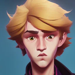 Portrait of a sweet 9 year old warlock blondish curly hair boy with big lips Nick Harris style