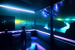 inside a sci-fi control station with windows looking out into the night sky, rain on the windows, outside is a river and cliffs