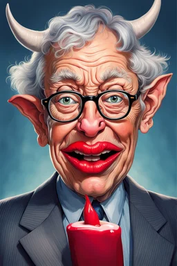 half grey haired half bald Bill Gates with a gremlin cow with big lipstick mouth, big lips
