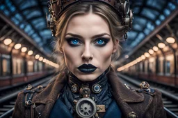 three-quarter body shot, epic hyperrealistic photo::beautiful woman, blue eyes, Large and Wide Set Eyes, Symmetric and Slim Nose, Fuller Lips, dark eyeshadow, fair skin, black lipstick, detailed stylization: in the style of steampunk influences, john wilhelm, realistic yet stylized, meticulously detailed, glowing lights, evil train, midnight, train station, extremely detailed, intricate clothing design, close to camera symmetrical expansive landscapes, 8k resolution steampunk outfit and weapon,