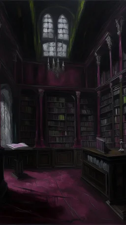 A dark magenta haunted library painted by Claude Monet