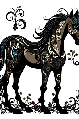 Pony cartoon full-length design from all sides. Dark with vines and patterns, horns