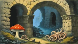 Mushroom with octopus tentacles with a crumbling stone wall and an arch behind, Roger Dean