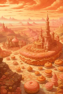 A light rosy orange colored kingdom made out of cakes, donuts, and cookies painted by Francis Danby