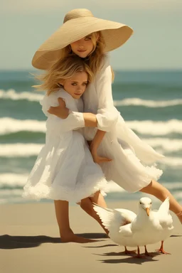 ((Mary-Kate and Ashley Olsen a warm hug)),Her laughter floats harmoniously with the sound of seagulls, infusing the air with a joyful melody. A vivacious energy radiates from her as she gracefully adjusts her oversized sun hat, casting a charming shadow on her sun-kissed face. The rhythmic crashing of waves seems to echo her carefree spirit.