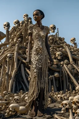 a bone yard with a tall android woman standing at the top of a pile of bones