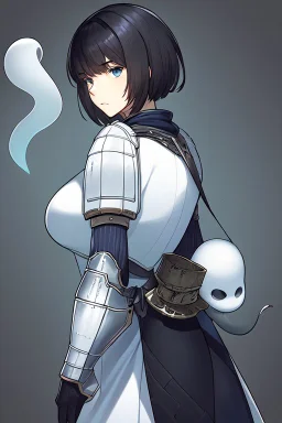 Motoko Kusanagi from "Ghost In The Shell (1995)", clad in medieval stell plate armour, melancholic, alone, big blue eyes, perfect, beautiful, black hair, correct proportions