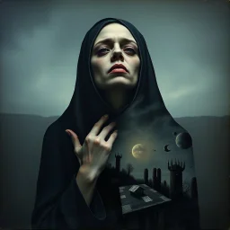 scrapbook, ungrateful caustic lady in mourning, by Nicola Samuri, supernatural, surreal, double exposure, tilted, stylish matte oil painting, geometric shapes