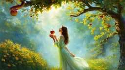 Masterpiece, Fairytale Atmosphere, Haze, Textured Oil Painting with Visible Brushstrokes, Eve in Leafy Clothing in the Garden of Eden Reaches for an Apple, A Serpent Perched on an Apple Tree Branch, Detailed and Effective Lighting Creates a Magical, Fairytale Picture. Detailed and Effective Lighting Creates a Magical, Fairytale Image. Realistic, Volumetric Lighting, Mixed Media, Surreal Futuristic Portrait, Glow, Textured, 3D, 8K, Best Quality, Fine Art, High Detail, Hyperrealism, High Resolutio