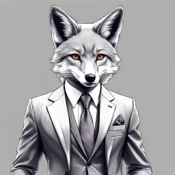 Illustrative sketch of a image of an humanoid fox, suit and tie, arte lineal ultra quality, 8k