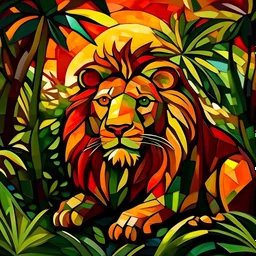 león en la selva al atardecer inspirado en picasso