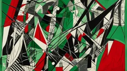 An abstract, geometric composition features bold black shapes outlined in white against a textured, mottled green background. Thin, dark red lines intersect the scene diagonally from the upper right to the lower left, adding a dynamic element. The shapes are angular and curved, suggesting a sense of movement and depth.