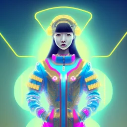 asian woman teenager, few freckles, gold teeth, padded coat, gummy style, retro futuristic, latex dress, gradient color, BLUE, PINK, CYAN, neon, insanely detailed, 16k resolution, perfect eyes, cinematic smooth, intricate detail