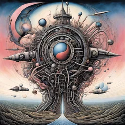 by Tomasz Setowski and Gerald Scarfe, Leaving the Machine, machine dreamscape, surreal tribute to Pink Floyd, Album art, ink illustration, sharp focus, surreal concept art,