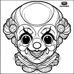 create a 2d black outline, " kawaii psycho clown coloring book for kids", coloring page, low details design, black contour, coloring page design, colorful , card style, coloring page for kids, halloween backgorund,sketch style,