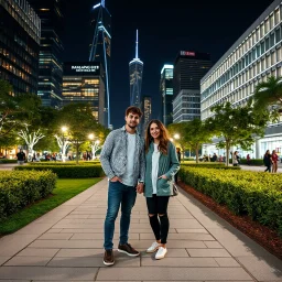 future modern city center park a pertty couple with modern clothing standing and posing to camera