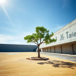 Photograph, fake tree, bright, limit of the world, Highway rest area with steep walls and empty spacious parking spaces, Truman show, brutalist concrete architecture, sky, brutalist, liquid, polvere, red spot, open air museum style, blue wire, apparecchi elettronici, powder, punto, minimalist, details of the dust very accentuated, deep 3d field