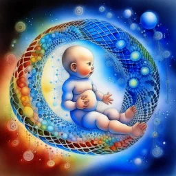 Quantum Serenity: A watercolor depiction of the conception of a baby, illustrating the interplay of microscopic quantum particles and DNA at the molecular level, embodying calmness in action.”