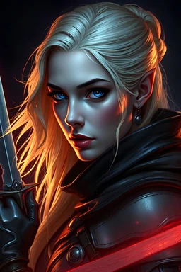 Portrait of a warrior woman, blue eyes, light blonde hair, dark, glow, queen, side view, evil, dark, knife