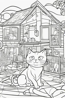 coloring page for kids, Cats in the house, cartoon style, thick lines, low detail, no shading