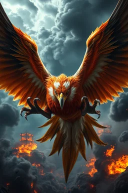 Create a ultra high definition and photorealistic image, 12k quality of a beautiful phoenix, majestic and strength showing, emphasis on texturized claws, upclose with a front view flying towards the camera, centre of an explosive and chaotic background scene of Armageddon where he is followed by demon like dark clouds in persuit trying to grab him, phoenix has striking eyes and determined look, majestic wings folded inwards in flight, bright auburn, black, white, grey and yellow colours, gothic