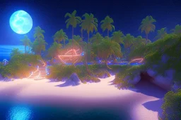 polinesian beach, shore ,shoreline, beautiful, path, stars, night time ,trail, lights glowing ,colorful ,nightsky, water, peace, magical, sanddollar with crystal irridescent glowing , ocean, hyperrealistic, cinematic lighting, particles, unreal engine, full of details,smooth, bright sunshine，soft neon light atmosphere, light effect，light blue colour, photos realistique, vaporwave colorful, smooth, extremely sharp detail, finely