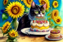 Cat is having a birthday cake. Sunflowers. Highly detailed, smooth colours, realistic landscape. Aquarell