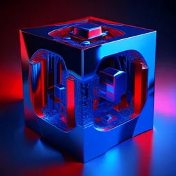 a blue metallic 4d cube inside a 4d red rotating cube in a four dimension environment