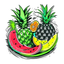 A tropical fruit platter with pineapple and watermelon slices, vibrant, refreshing, overhead lighting, T-shirt design graphic, vector, contour, white background