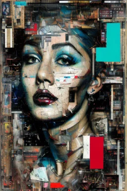 Ultra detailed medium portrait painting of a half naked woman sitting on a chair, no nudity, bended over, dark room with little light coming from an open door behind her, torn up collage of clippings, broken circuitry background, matrix effects, punk visual art, punk art aesthetic, graffiti art, pop surrealism, collage art, cluttered paint glitches