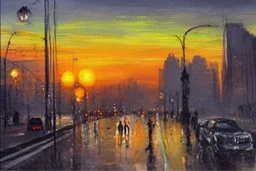 City, distant city, sunset, people, street, Street reflections, lesser ury and otto pippel impressionism paintings