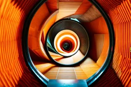 non-euclidean AI hallucination in a perfectly circular staircase made of marble and glass, looking down, vortex vibe, circular swoosh, swirl dynamics, UHD photo, photo-realistic, extremely detailed, intricate, ultra-high quality, amazing reflections, wonderful textures, perfect shadows, hyper-realism, vibrant bold radioactive hyper-colors of orange and beige and drab