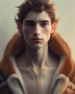 male, cute, young, brown hair, brown eyes, freckles,, head and shoulders portrait, 8k resolution concept art portrait by Greg Rutkowski, Artgerm, WLOP, Alphonse Mucha dynamic lighting hyperdetailed intricately detailed Splash art trending on Artstation triadic colors