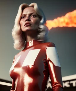 retro sci-fi portrait image from 1980, supermarket parking explosions, fire, scared people, blonde woman walking, sweet Kate moss face, tight latex suit, soft color, highly detailed, unreal engine 5, ray tracing, RTX, lumen lighting, ultra detail, volumetric lighting, 3d, finely drawn, high definition, high resolution.