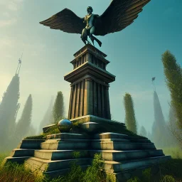 Monument, abandoned city centre, statue of human on top, look from distance, buildings visible whole statue, overgrown statue and monument, realistic, highly detailed