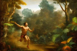 man running in colorful jungle by andrea del sarto